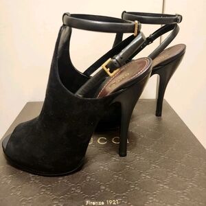 NIB Gucci Blck Suede/Leather Peep Toe Slingback Ankle Strap Pumps Sz.8/38.5 $995